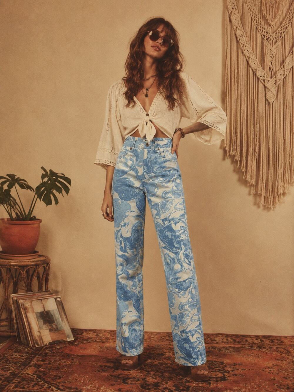 Reformation Marble High Rise Straight Blue Swirl Retro Long Jeans Size 25 NWT